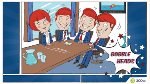 Cartoon team where the members are all bobblehead dolls