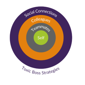 Schematic showing different strategies to survive a toxic boss. It's a set of 4 concentric circles, labelled, from outer circle to inner circle, 'social connections', 'colleagues', 'teammates', and 'self'