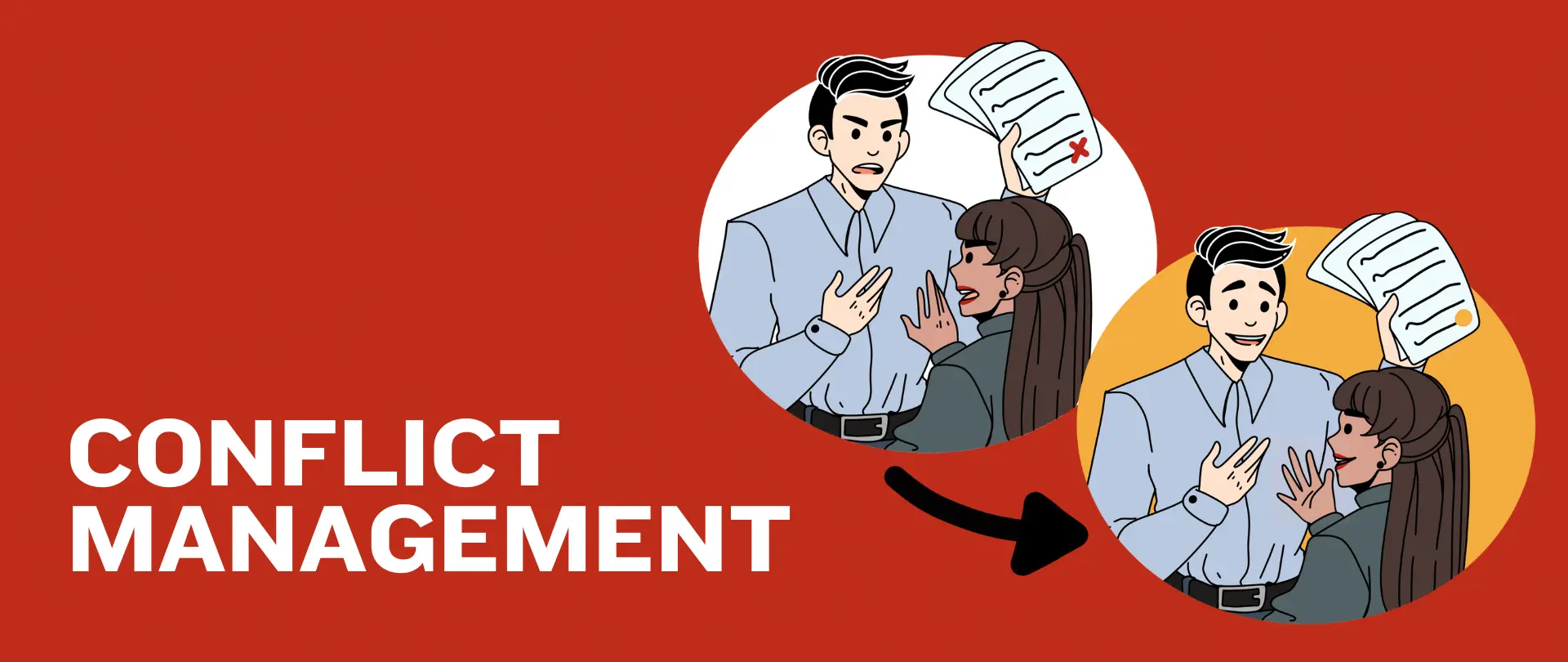 Illustration of two people going from having unproductive conflict to productive conflict, with the text "Conflict Management by Liane Davey"