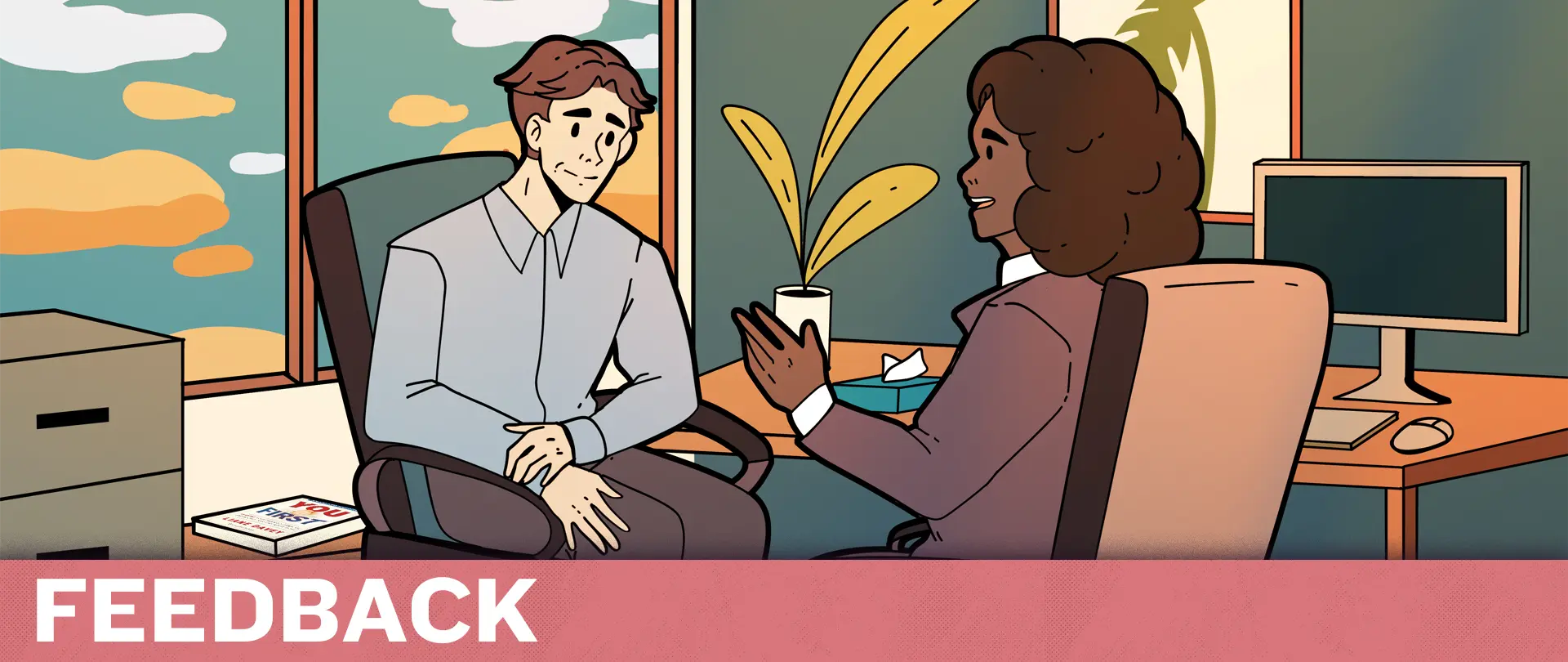 Illustration of a person giving feedback while the other person listens intently